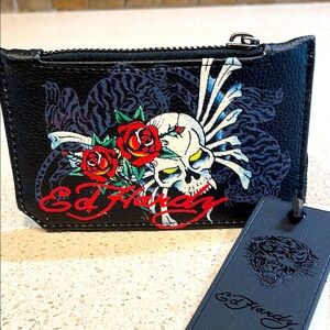 Ed Hardy NWT Black Wallet with Skull and Red Roses Unisex